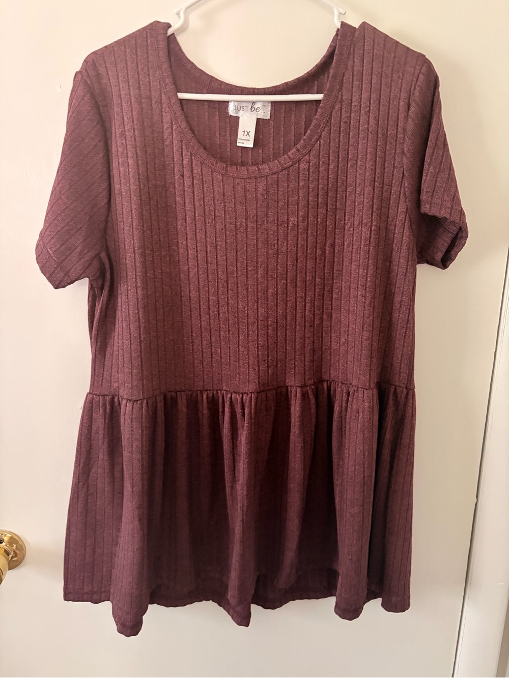 just be Ribbed Peplum Tunic Top - Wine